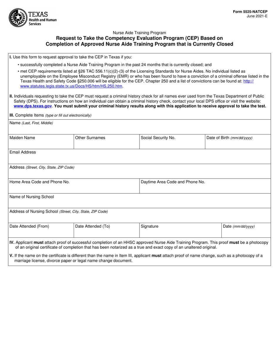 Form 5525-NATCEP Request to Take the Competency Evaluation Program (Cep) Based on Completion of Approved Nurse Aide Training Program That Is Currently Closed - Texas, Page 1