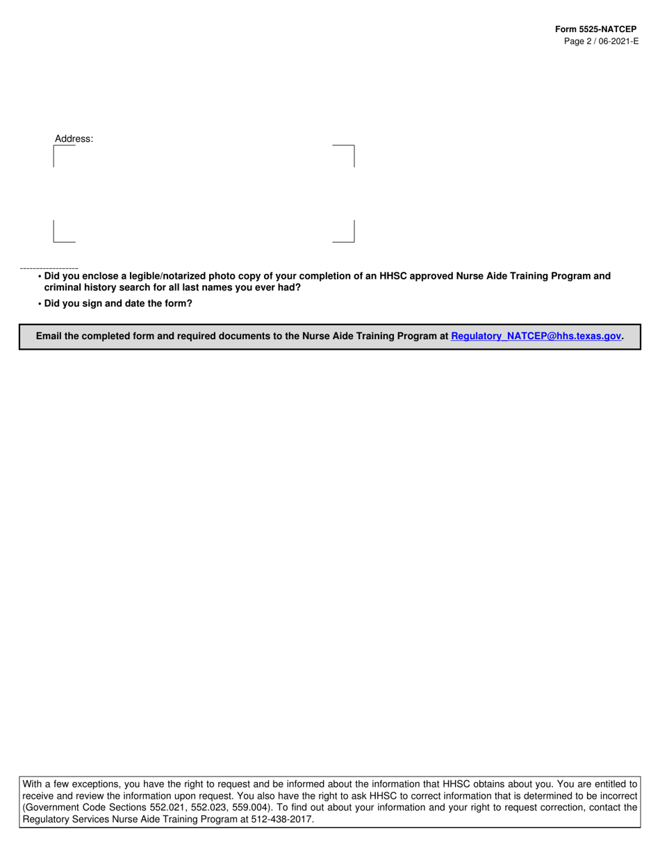 Form 5525-NATCEP Request to Take the Competency Evaluation Program (Cep) Based on Completion of Approved Nurse Aide Training Program That Is Currently Closed - Texas, Page 2