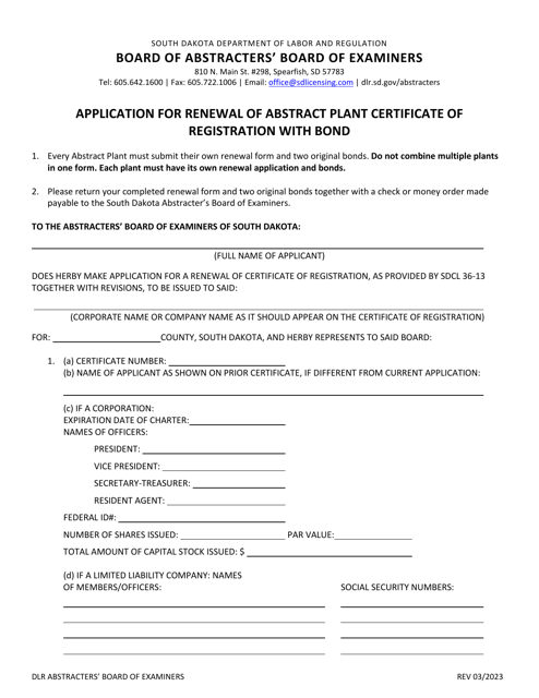Application for Renewal of Abstract Plant Certificate of Registration With Bond - South Dakota Download Pdf