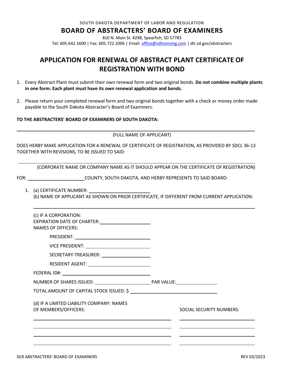 Application for Renewal of Abstract Plant Certificate of Registration With Bond - South Dakota, Page 1