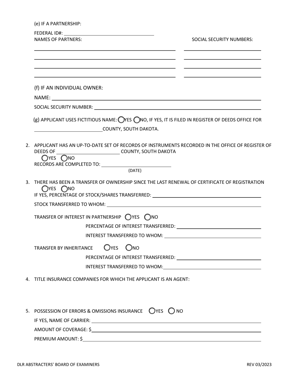 Application for Renewal of Abstract Plant Certificate of Registration With Bond - South Dakota, Page 2