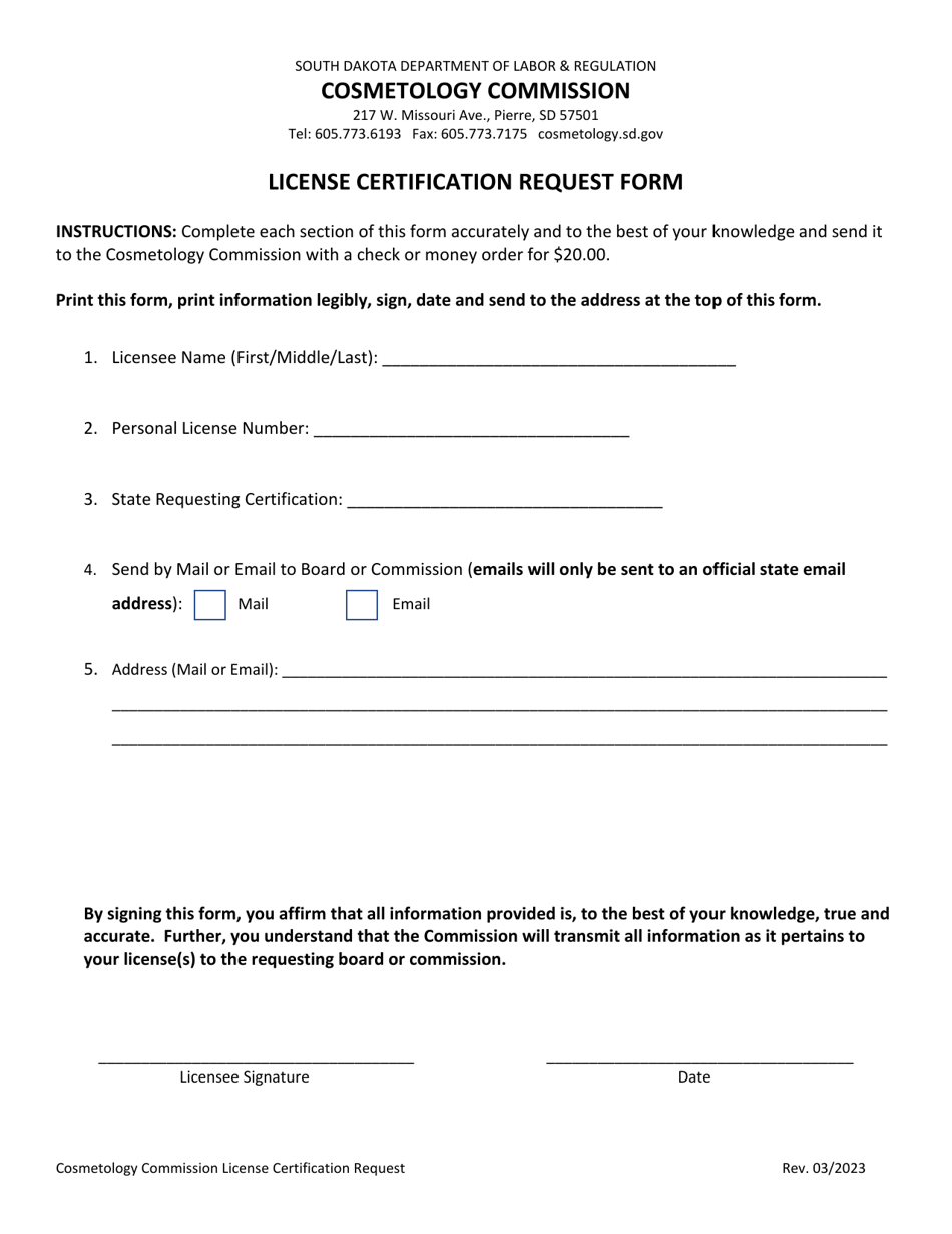 License Certification Request Form - South Dakota, Page 1