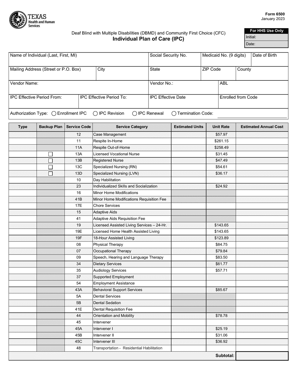 Form 6500 Individual Plan of Care (Ipc) - Texas, Page 1