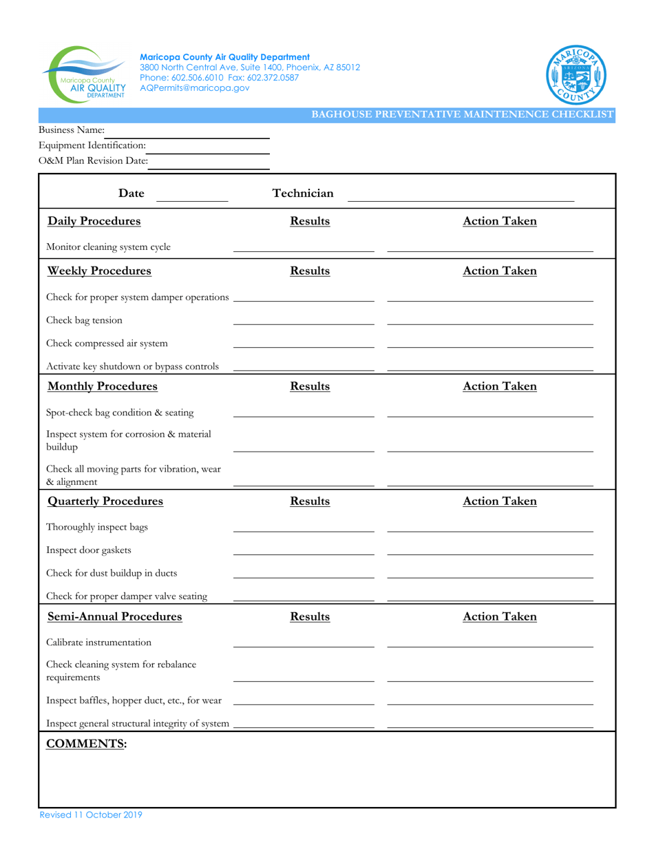 Baghouse Preventative Maintenence Checklist - Maricopa County, Arizona, Page 1