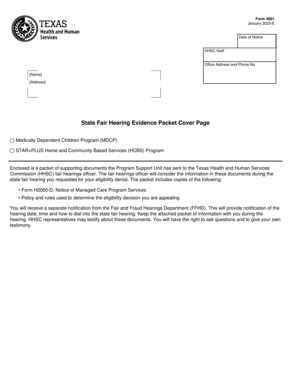 Form 4801 State Fair Hearing Evidence Packet Cover Page - Texas, Page 1
