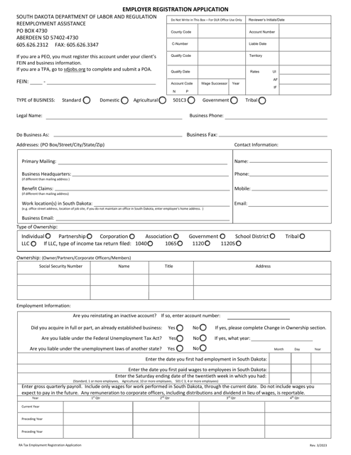 Employer Registration Application - South Dakota Download Pdf