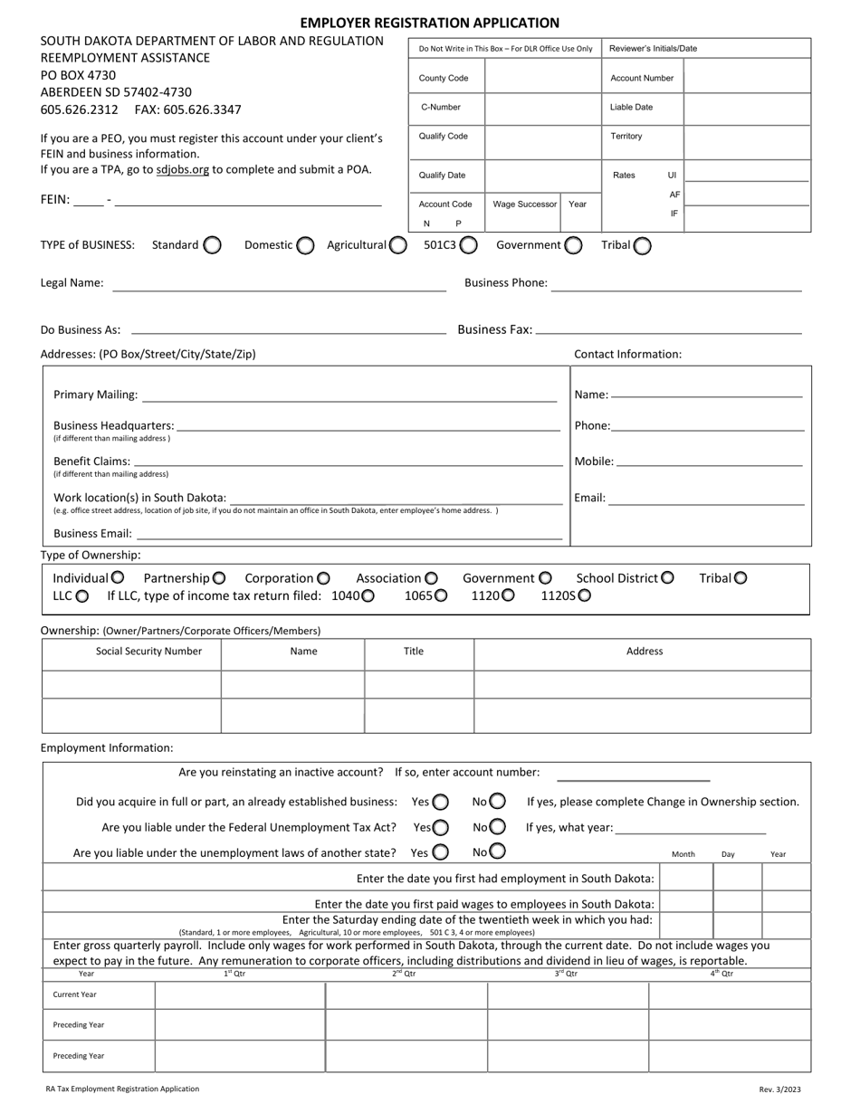 Employer Registration Application - South Dakota, Page 1