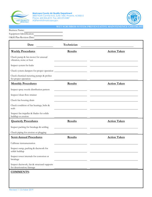 Wet Scrubber System Preventative Maintenence Checklist - Maricopa County, Arizona