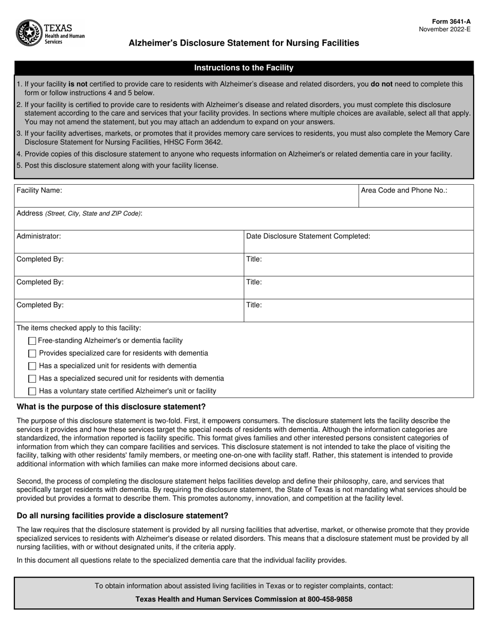 Form 3641-A Alzheimers Disclosure Statement for Nursing Facilities - Texas, Page 1