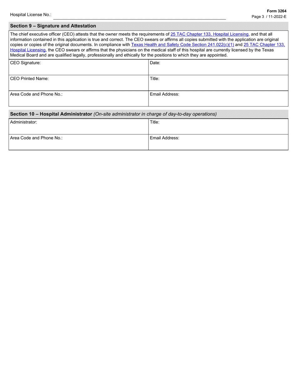 Form 3264 General and Special Hospital Multiple Location License Renewal Application - Texas, Page 3
