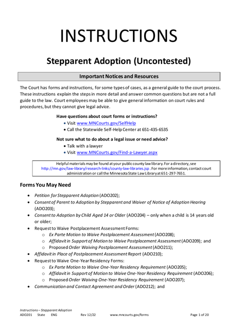 Form ADO201 Instructions - Stepparent Adoption (Uncontested) - Minnesota