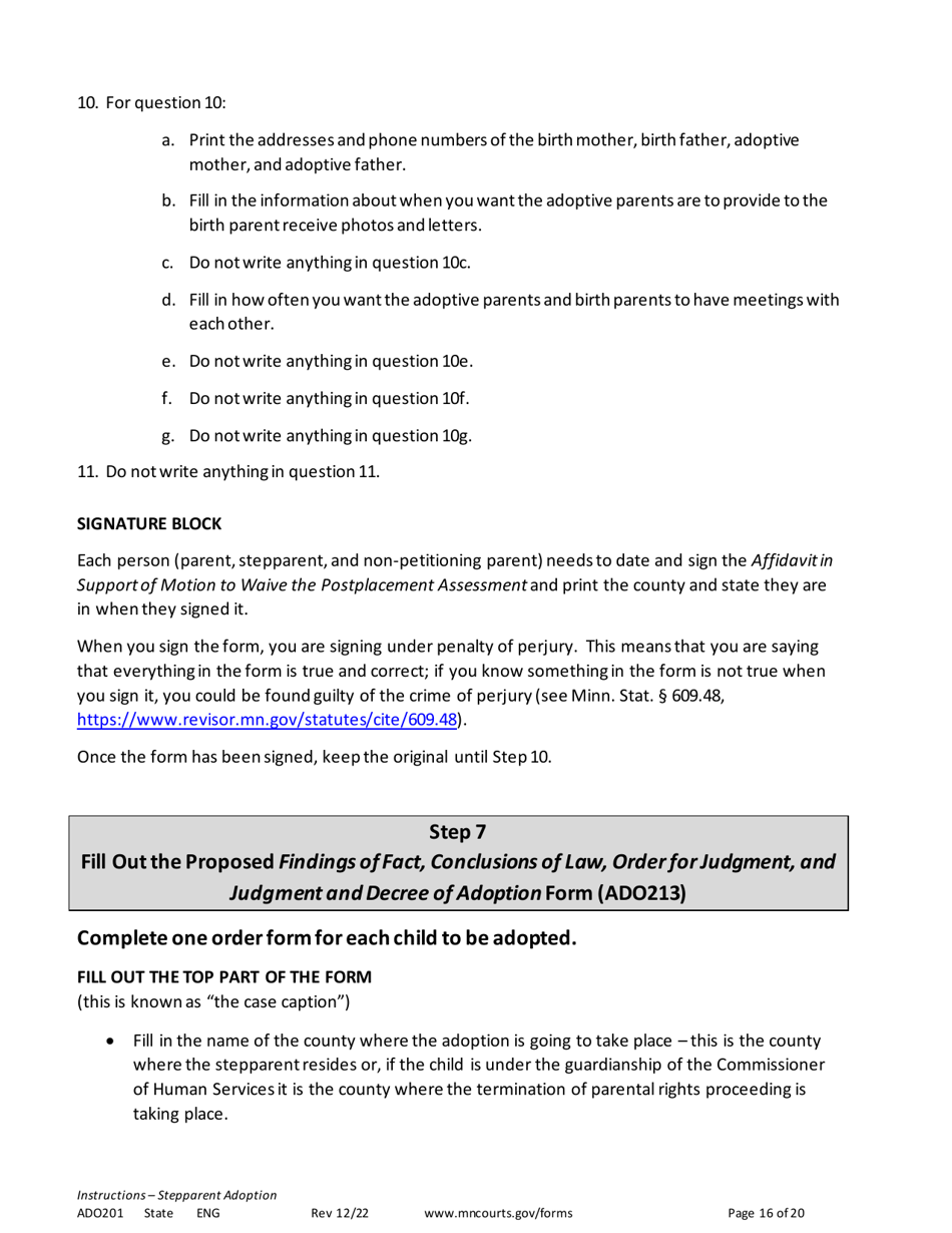 Form ADO201 Instructions - Stepparent Adoption (Uncontested) - Minnesota, Page 16