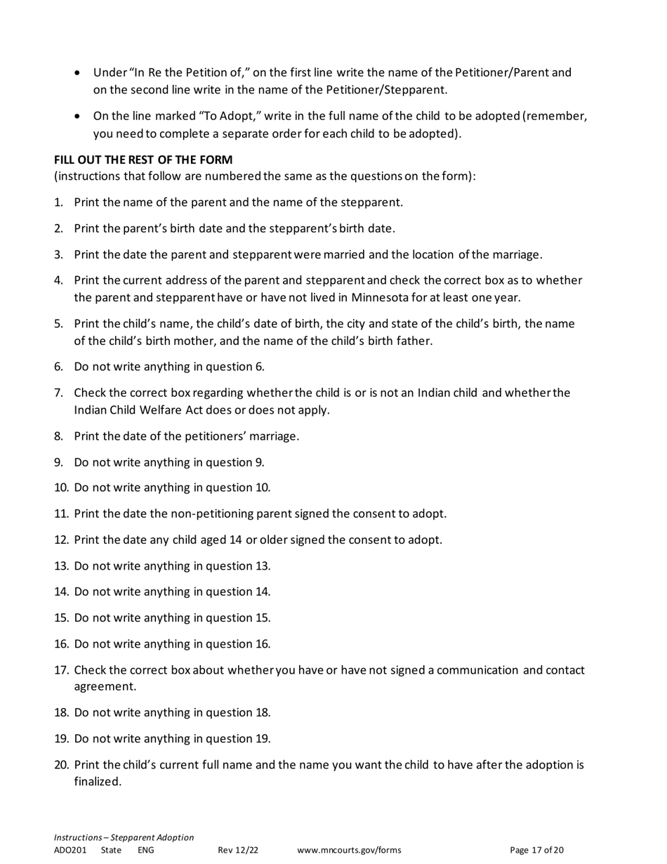 Form ADO201 Instructions - Stepparent Adoption (Uncontested) - Minnesota, Page 17