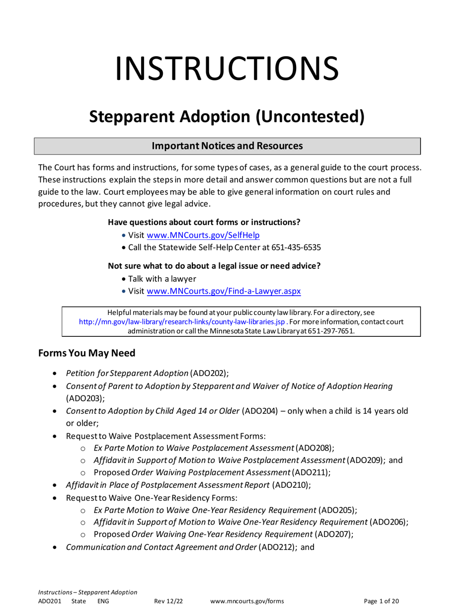 Form ADO201 Instructions - Stepparent Adoption (Uncontested) - Minnesota, Page 1
