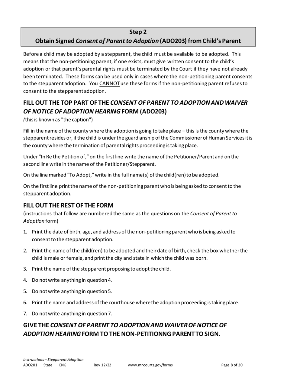 Form ADO201 Instructions - Stepparent Adoption (Uncontested) - Minnesota, Page 8