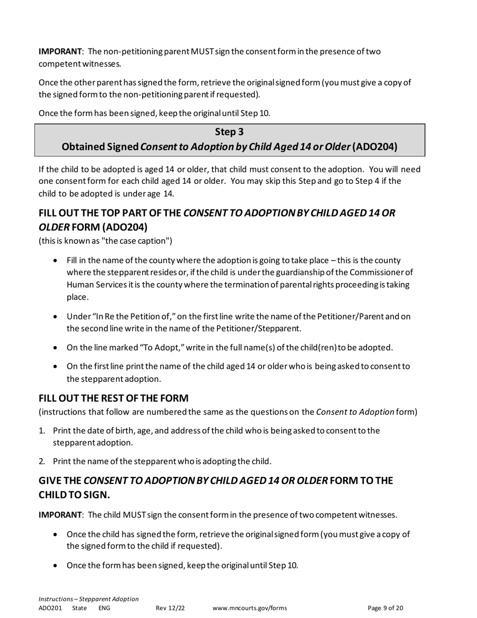 Form ADO201 Instructions - Stepparent Adoption (Uncontested) - Minnesota, Page 9