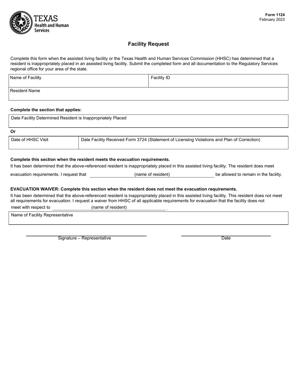 Form 1124 Facility Request - Texas, Page 1