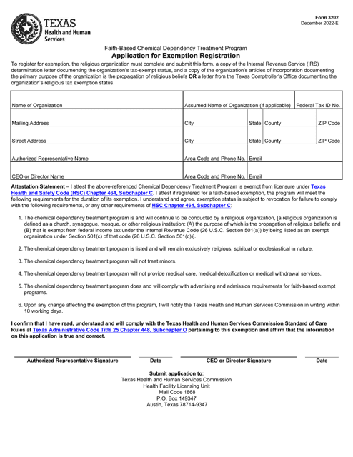 Form 3202 Application for Exemption Registration - Faith-Based Chemical Dependency Treatment Program - Texas