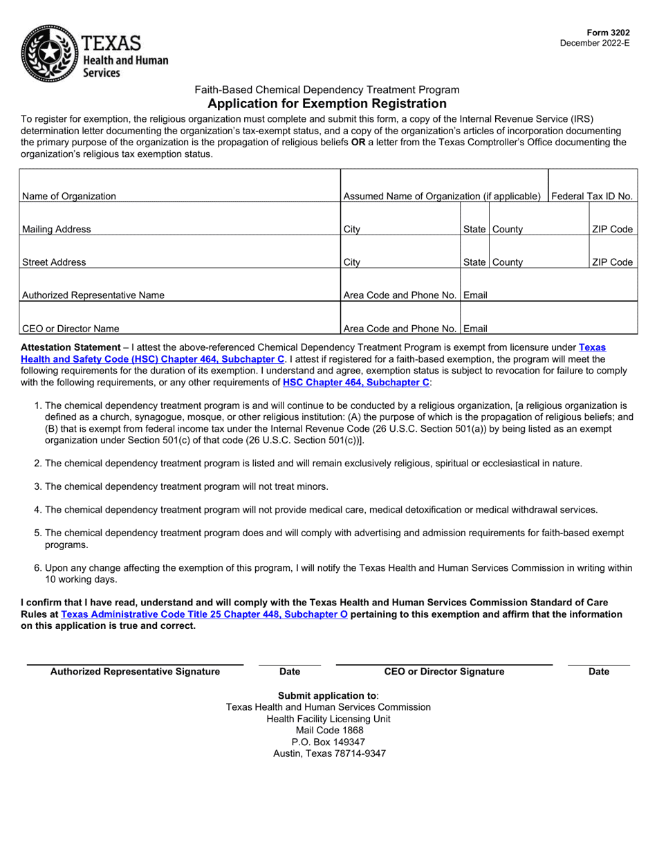 Form 3202 Application for Exemption Registration - Faith-Based Chemical Dependency Treatment Program - Texas, Page 1