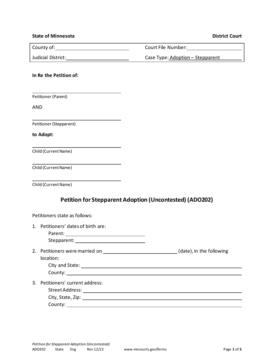 Form ADO202 Petition for Stepparent Adoption (Uncontested) - Minnesota, Page 1