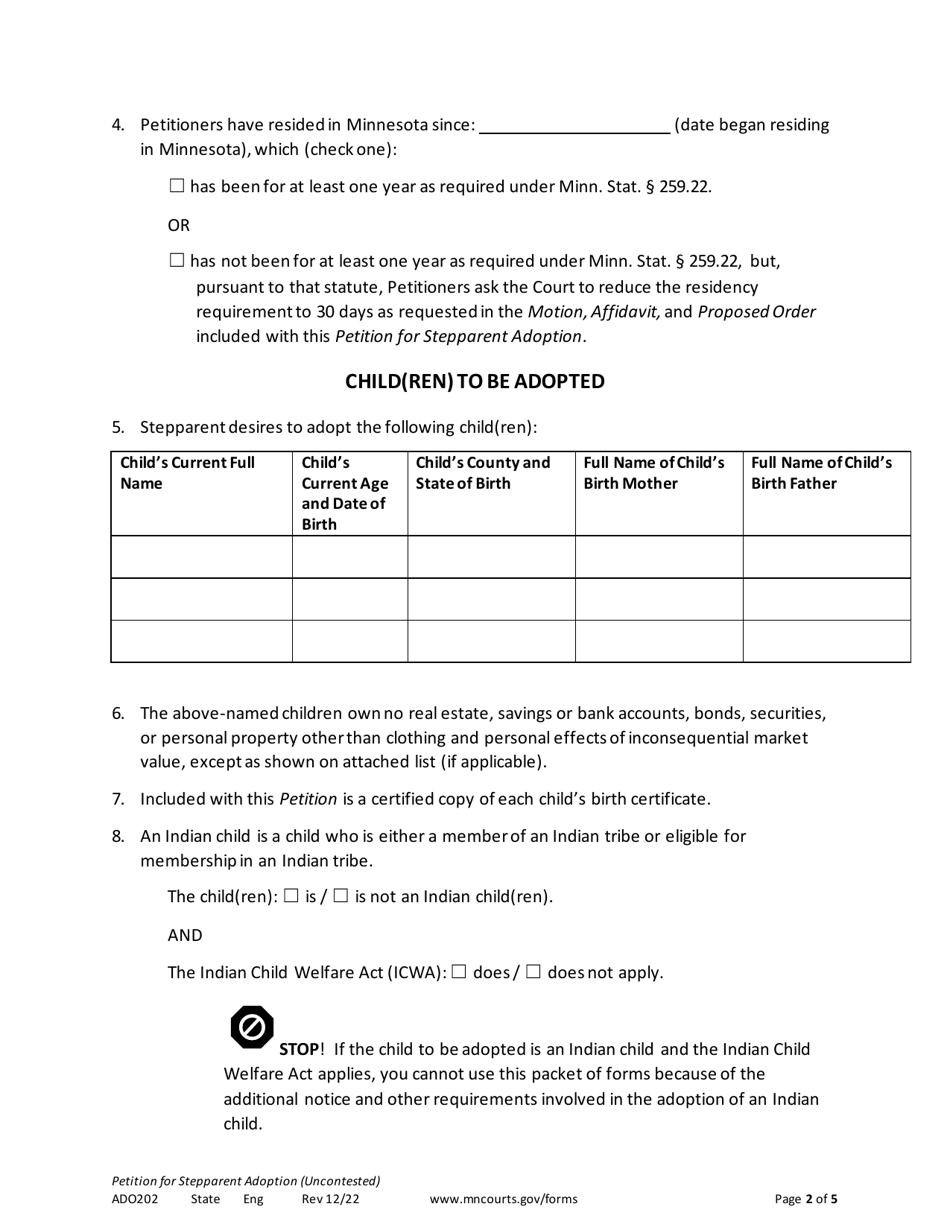 Form ADO202 Petition for Stepparent Adoption (Uncontested) - Minnesota, Page 2