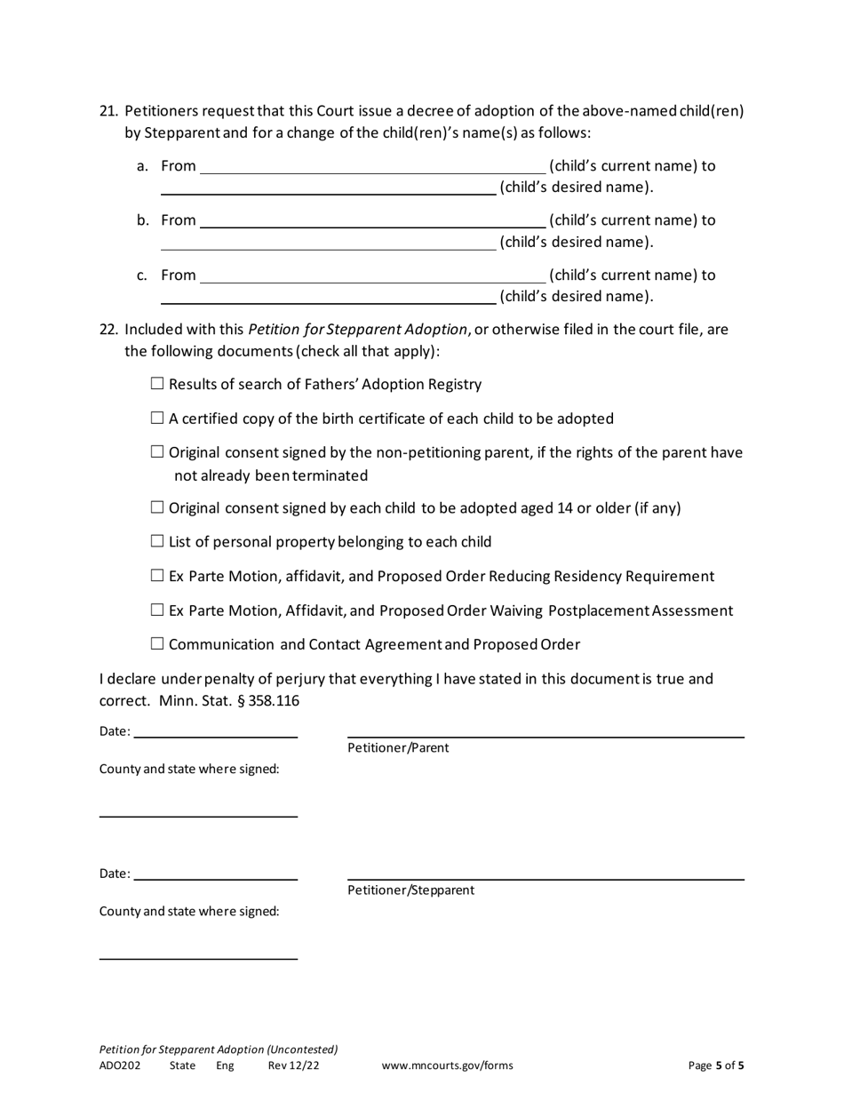 Form ADO202 Petition for Stepparent Adoption (Uncontested) - Minnesota, Page 5