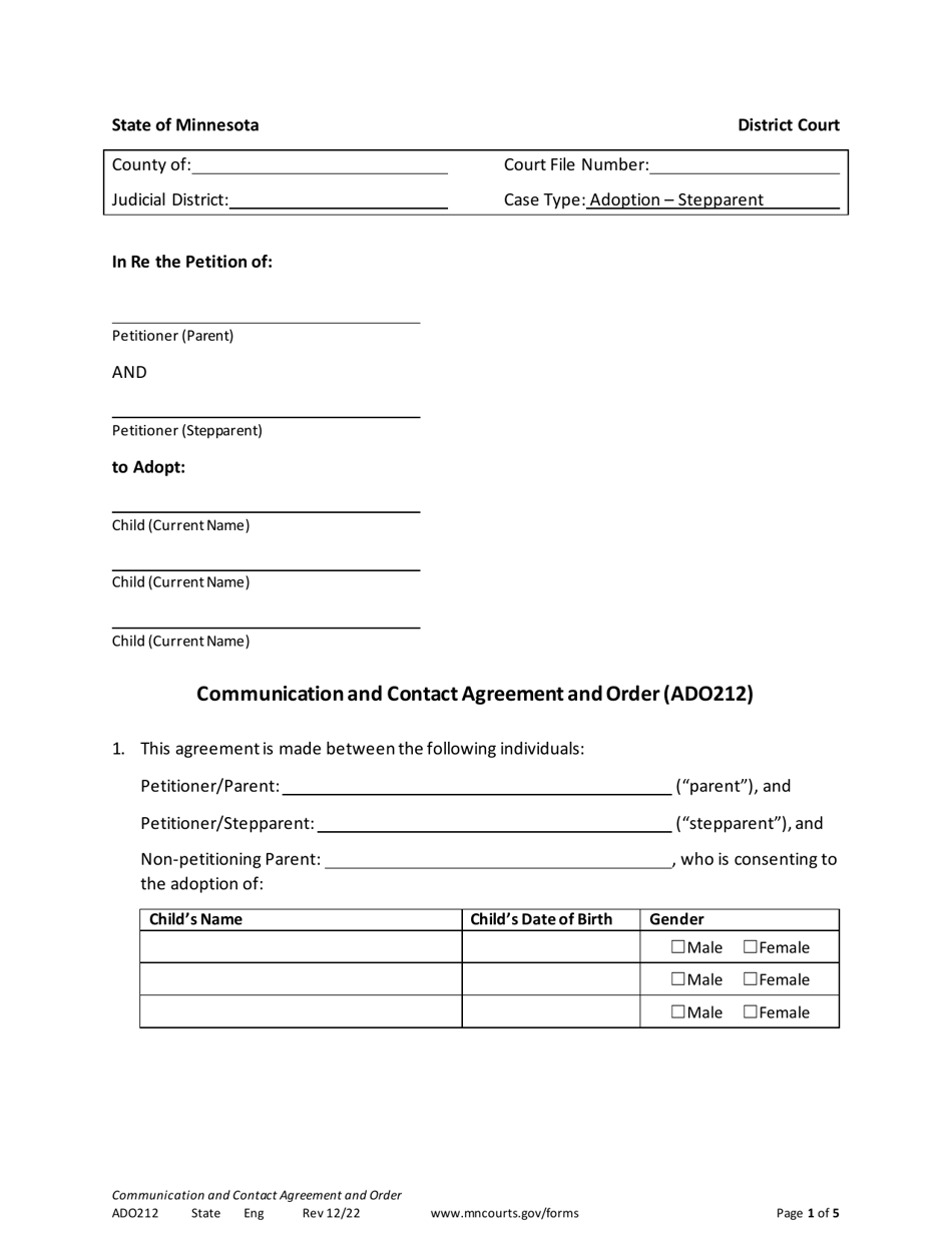 Form ADO212 Communication and Contact Agreement and Order - Minnesota, Page 1