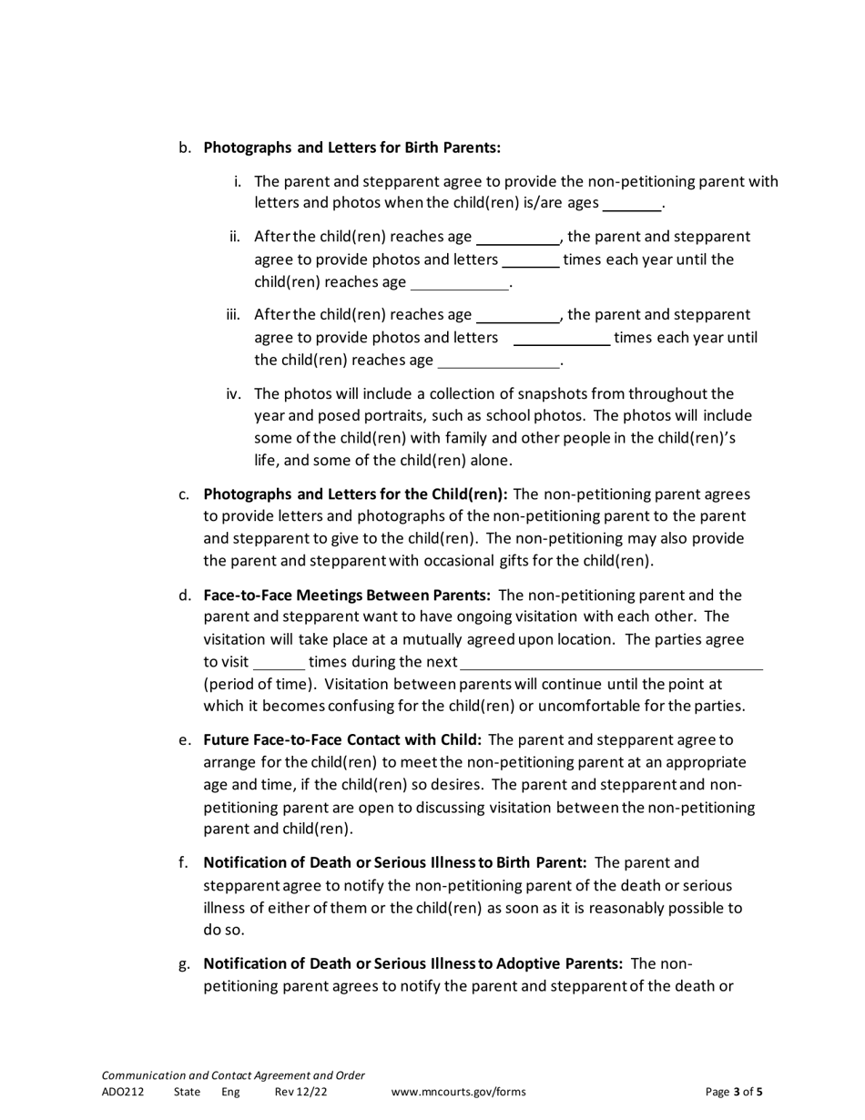 Form ADO212 Communication and Contact Agreement and Order - Minnesota, Page 3