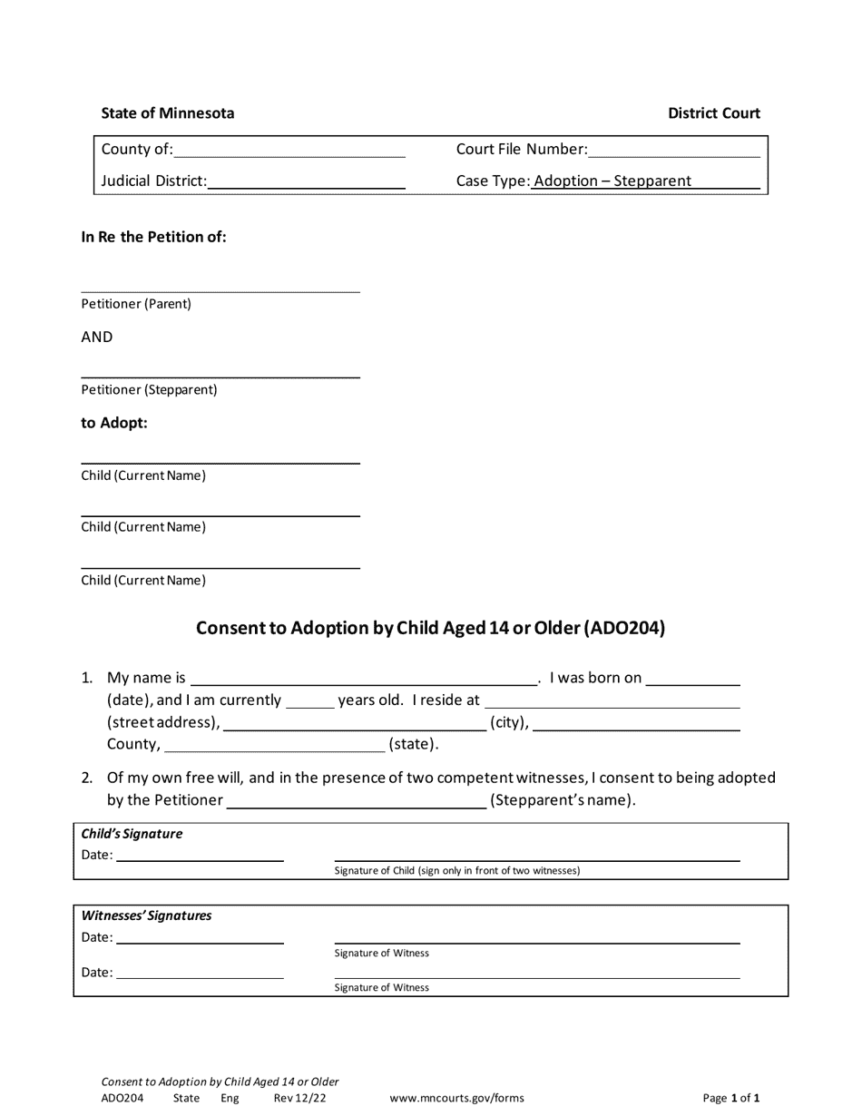 Form ADO204 Consent to Adoption by Child Aged 14 or Older - Minnesota, Page 1