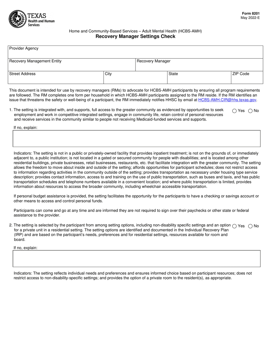 Form 8201 Recovery Manager Settings Check - Texas, Page 1