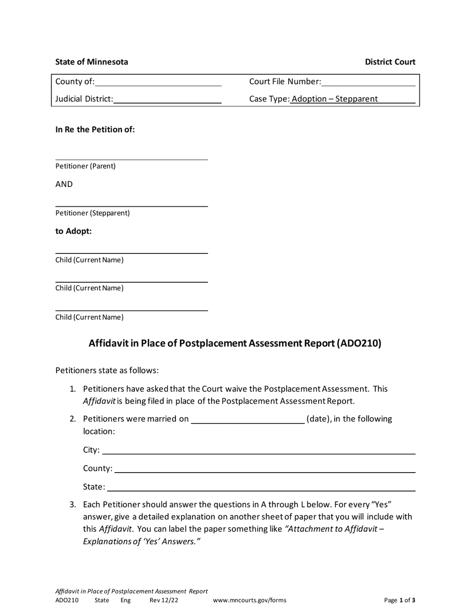 Form ADO210 Affidavit in Place of Postplacement Assessment Report - Minnesota, Page 1
