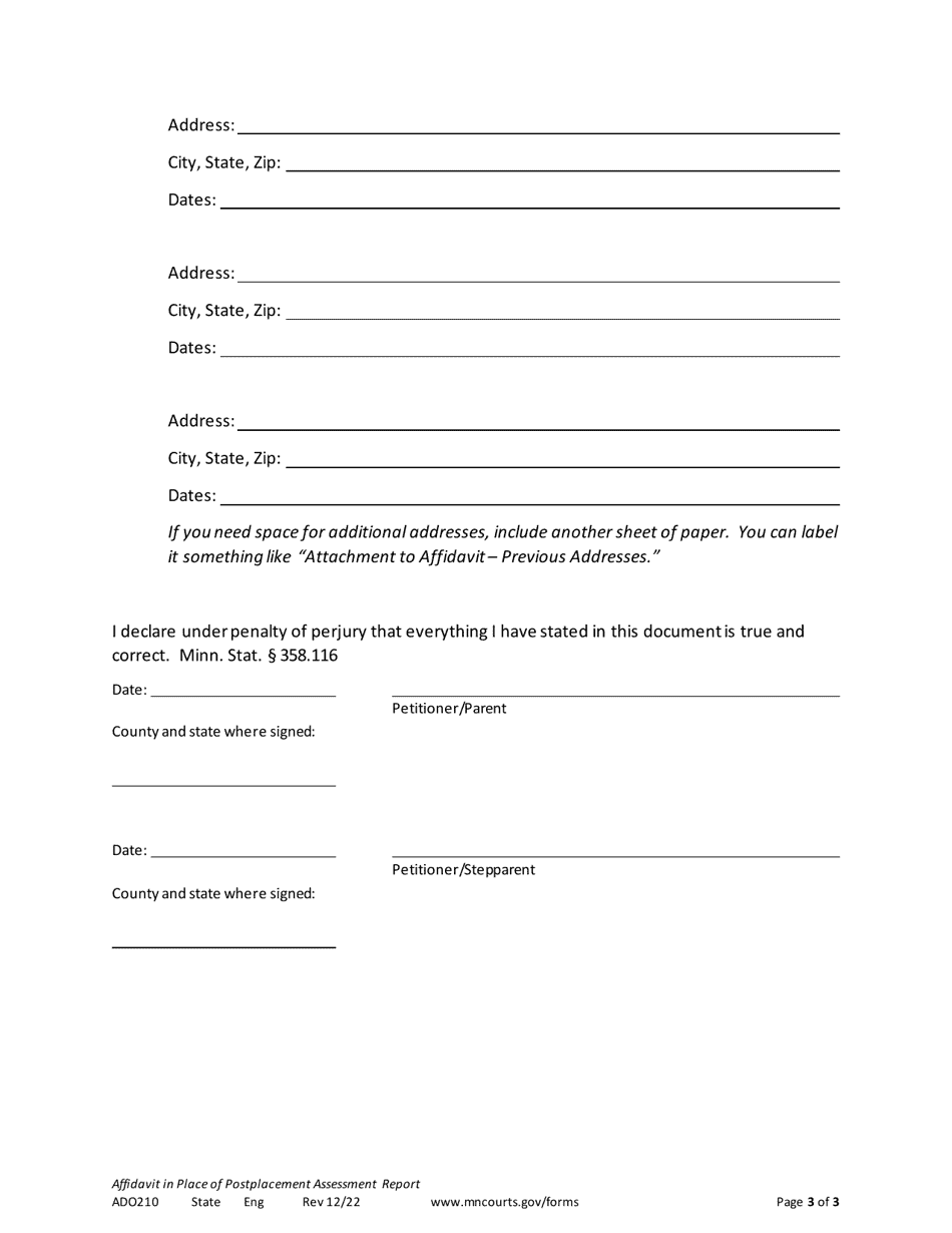 Form ADO210 Affidavit in Place of Postplacement Assessment Report - Minnesota, Page 3