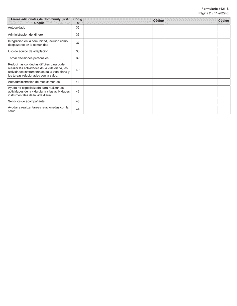 Formulario 4121-S Servicios De Ayudante Personal Y Habitacion De Community First Choice - Texas (Spanish), Page 2