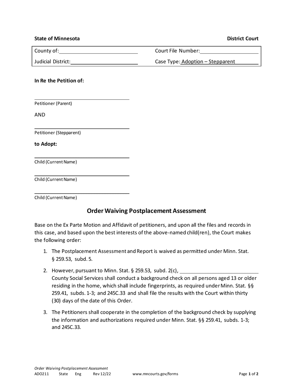 Form ADO211 Order Waiving Postplacement Assessment - Minnesota, Page 1