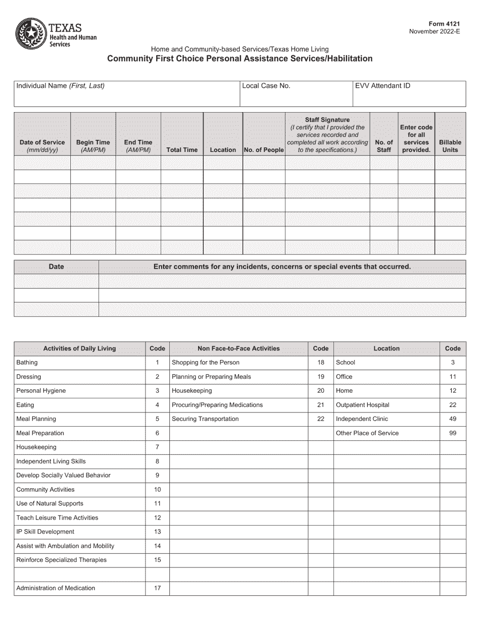 Form 4121 Community First Choice Personal Assistance Services / Habilitation - Texas, Page 1