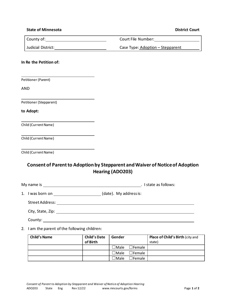 Form ADO203 Consent of Parent to Adoption by Stepparent and Waiver of Notice of Adoption Hearing - Minnesota, Page 1