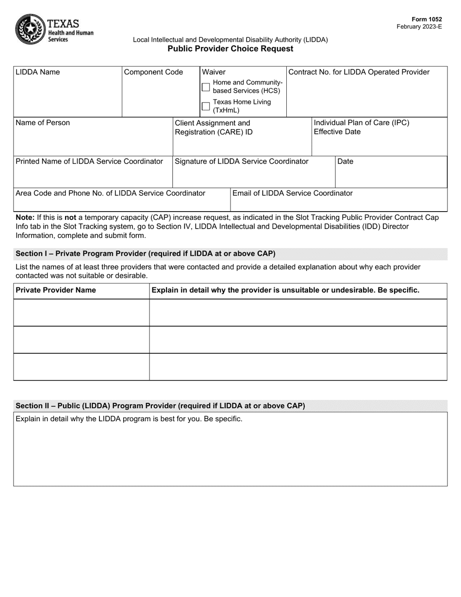 Form 1052 Download Fillable PDF or Fill Online Public Provider Choice Request, Texas 2019 — 2024