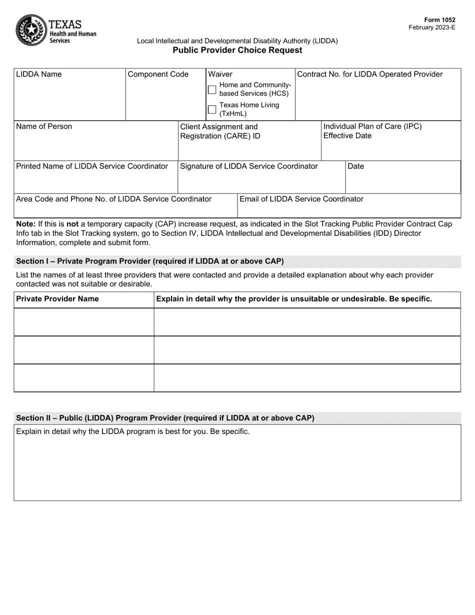 Form 1052 Public Provider Choice Request - Texas, Page 1