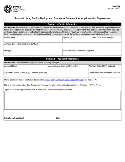 Form 3649 Assisted Living Facility Background Disclosure Statement for Applicants for Employment - Texas