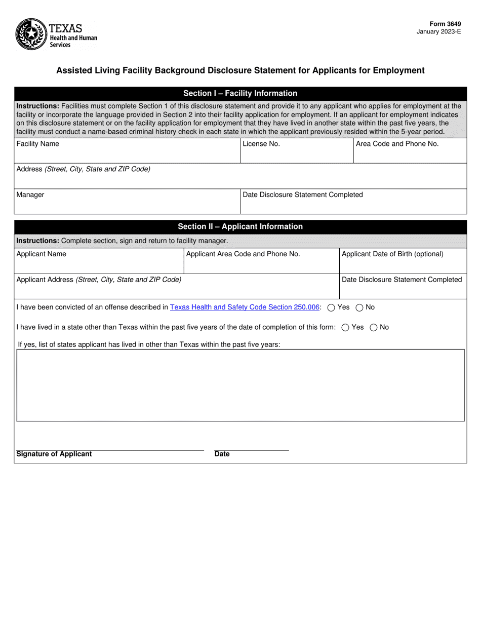 Form 3649 Assisted Living Facility Background Disclosure Statement for Applicants for Employment - Texas, Page 1