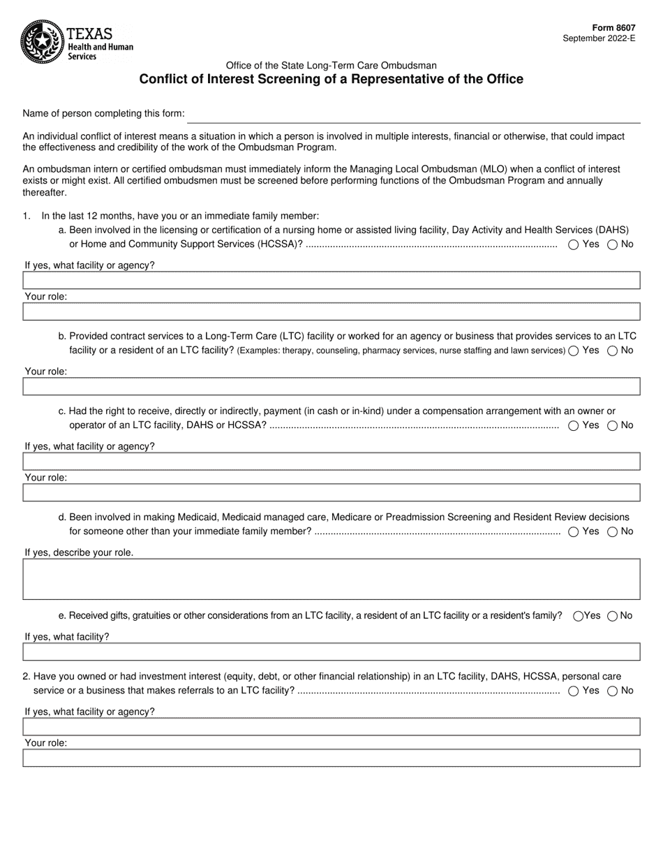 Form 8607 Conflict of Interest Screening of a Representative of the Office - Texas, Page 1