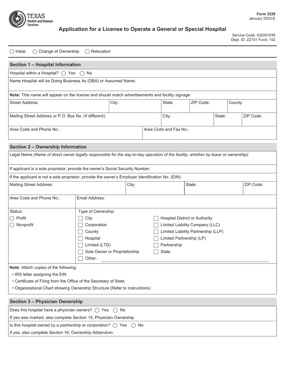 Form 3228 Application for a License to Operate a General or Special Hospital - Texas, Page 1