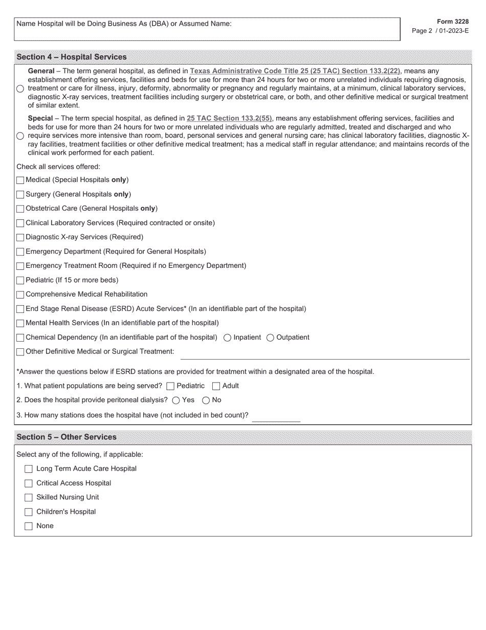 Form 3228 Application for a License to Operate a General or Special Hospital - Texas, Page 2