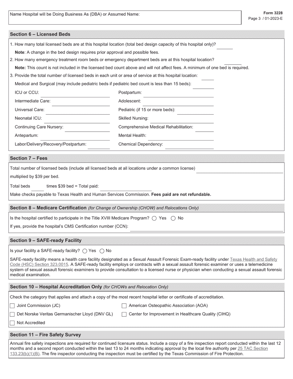 Form 3228 Application for a License to Operate a General or Special Hospital - Texas, Page 3