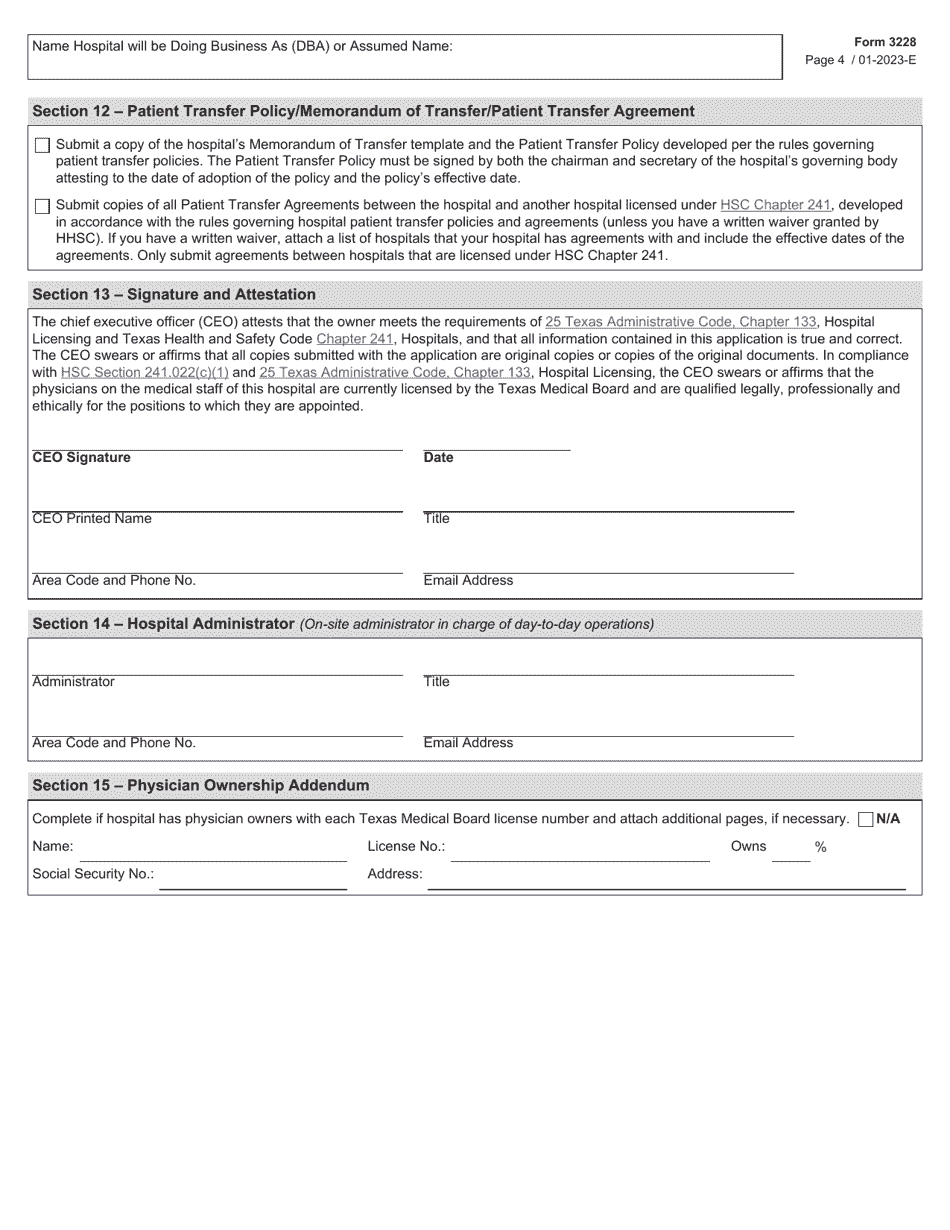 Form 3228 Application for a License to Operate a General or Special Hospital - Texas, Page 4