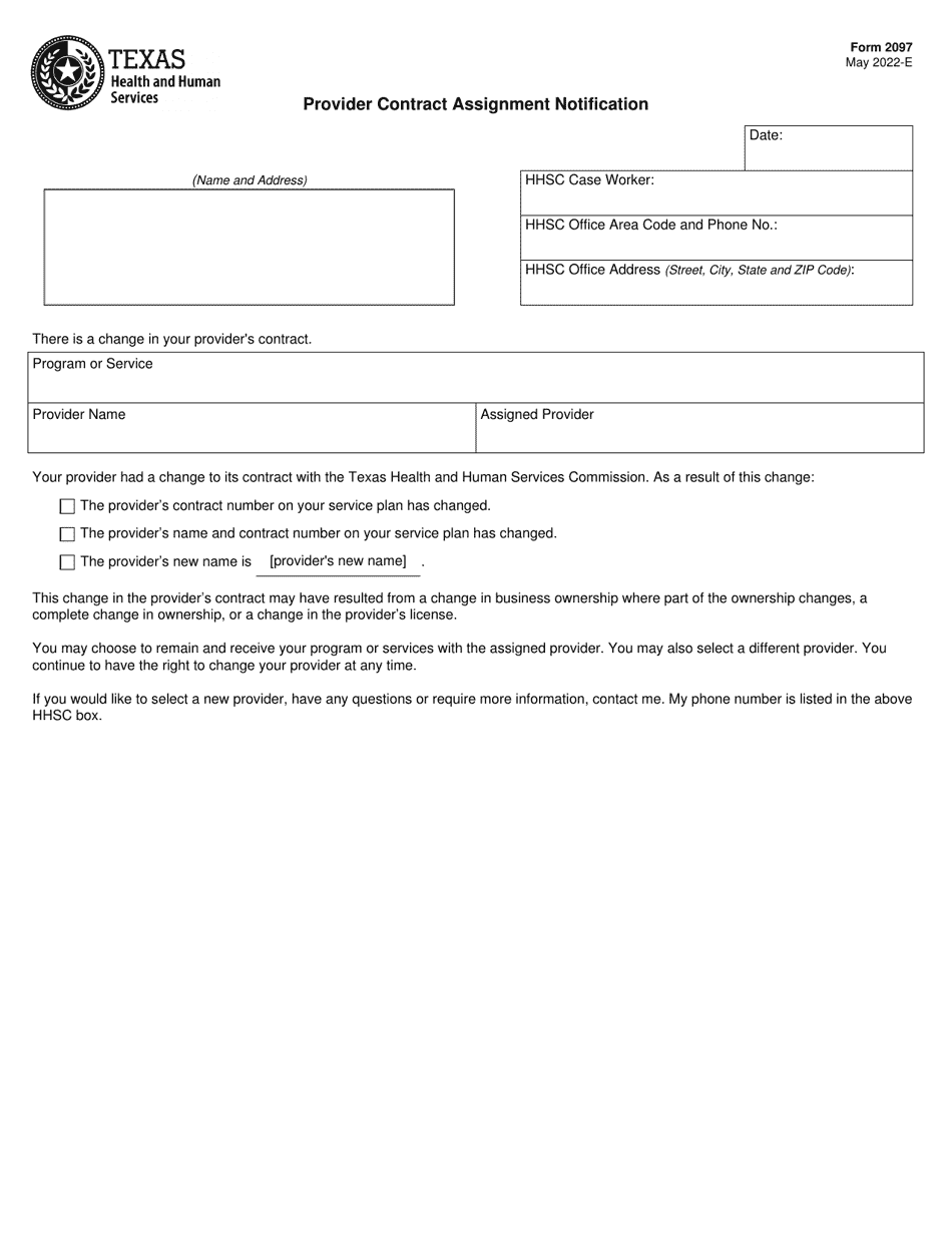 Form 2097 Provider Contract Assignment Notification - Texas, Page 1