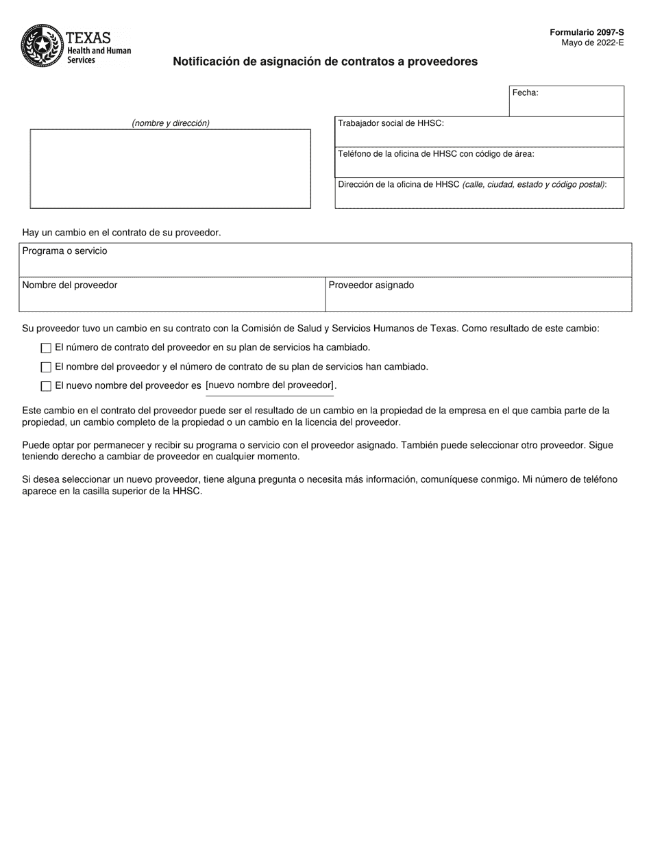 Formulario 2097-S Notificacion De Asignacion De Contratos a Proveedores - Texas (Spanish), Page 1