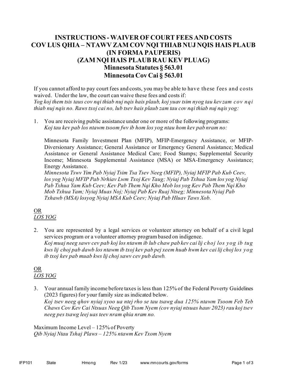 Form IFP101 Instructions - Waiver of Court Fees and Costs - Minnesota (English / Hmong), Page 1