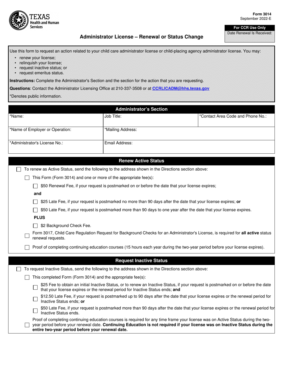 Form 3014 Administrator License - Renewal or Status Change - Texas, Page 1