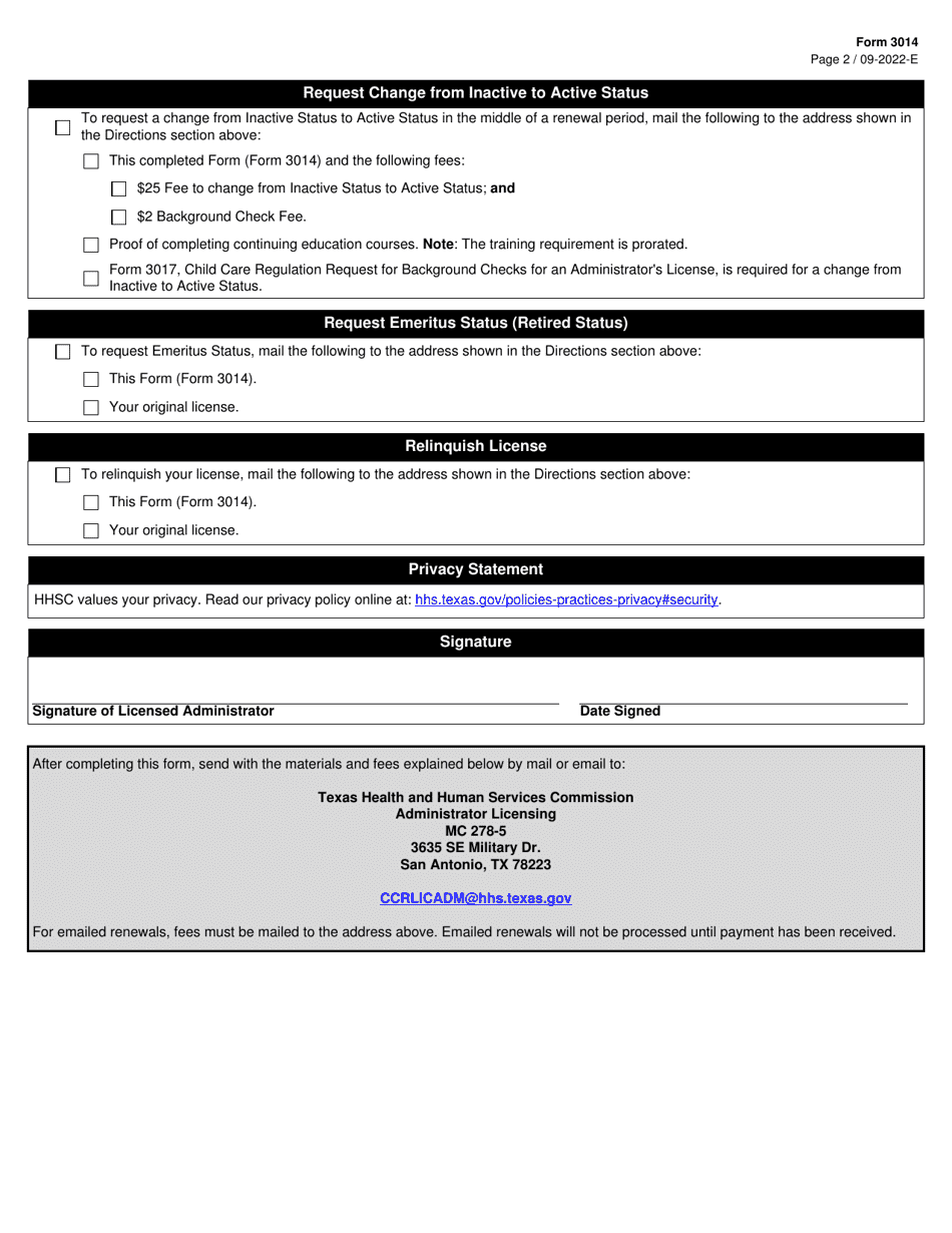 Form 3014 Administrator License - Renewal or Status Change - Texas, Page 2